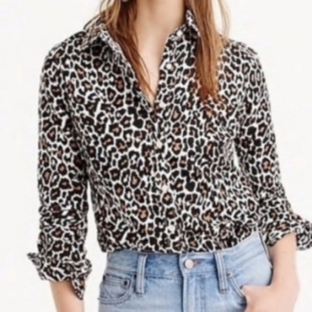 J Crew animal print linen blend slim button up shirt